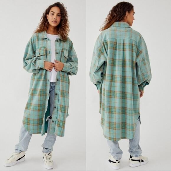 Free People Plaid Long Ruby Jacket Shacket Coat Sage Small Grunge 90s Distressed - Picture 3 of 12